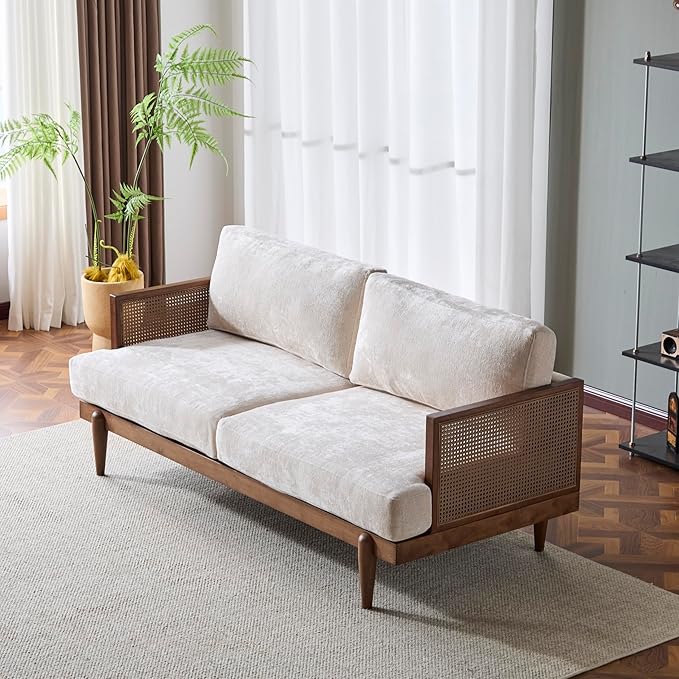 Merax 72 Spacious 2-Seater Sofa Couch with Armrests Cane Rattan Wooden Frame Loveseat Sofa for Living Rooms Bedrooms Apartment Office (Walnut+Beige)
