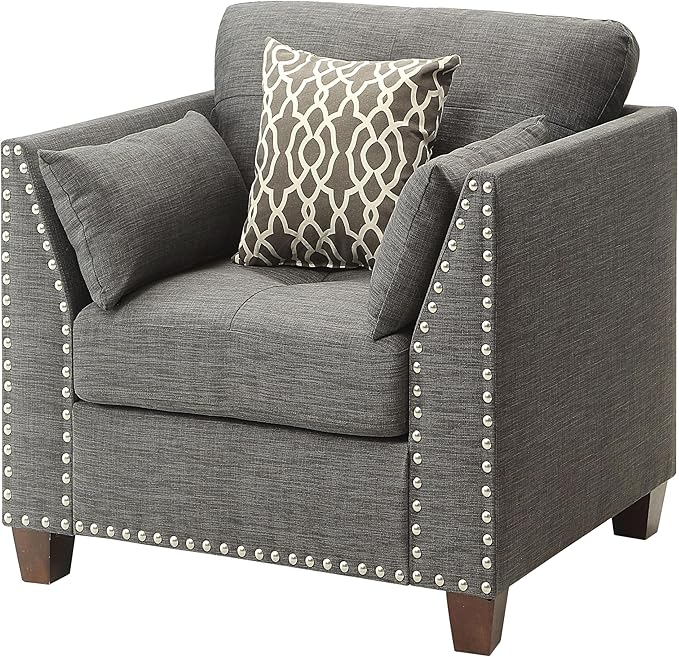 Light Charcoal Linen Accent Chair with Plush Pillows Modern Design for Living Room or Bedroom Elegant Nailhead Trim