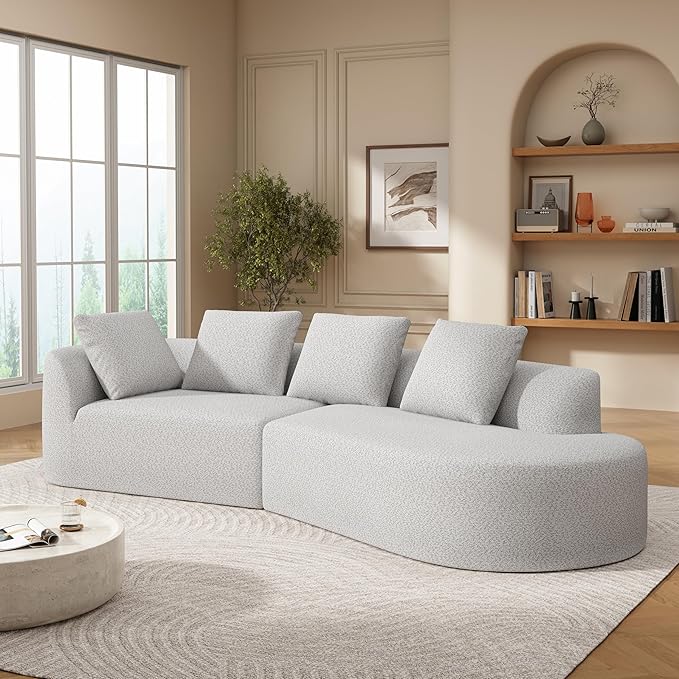 116Modern Curved Sectional Sofa with High-Density Fully Compressed Sponge and Chaise LoungePearl Upholstery2-Piece SetFully Assembled Right Hand FacingPerfect for Living Room (White+gray~23)