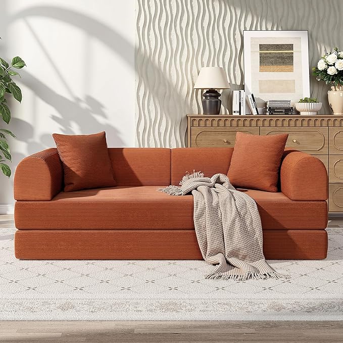 79 Folding Convertible Sofa Bed Boneless Couch for Living Room with Pull Out Bed ‌Convertible Sleeper Sofa Bed with Pillows - Corduroy Upholstered Modular Futon Couch for Bedroom Lounge (Orange)
