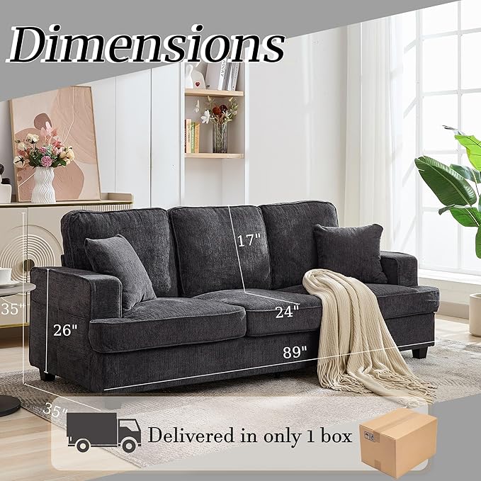 Couches for Living Room 89 inch Cloud Couch Sofa in Chenile with Extra Comfy Soft Deep Seats Modern 3 Seater Sofas for Living Room Bedroom Office Apartment Grey