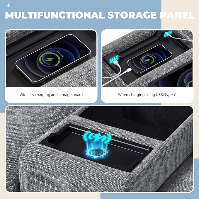 Merax Modern Oversized L-Shaped Sectional Sofa with Ottoman USB Charging Port &amp Storgae Drawers Chenille Reversible Couch Set with 4 Pillows for Living Room Easy Assemble Gray
