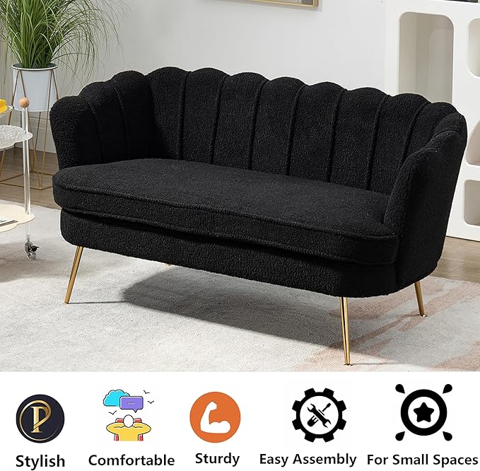 Boucle Small Sofa Couch for Small Spaces Living Room Bedroom59 Loveseat Couches with Gold Metal LegsChannel Tufted 2 Seater Sofas with Curved Back and Arms for ApartmentRV.