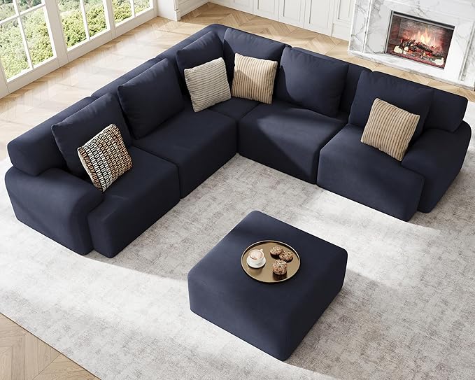 Boneless Couches for Living Room V-Shaped Deep Seat Corner Couch 6 Seater Cloud Modular Sectional Sofa Plush Corduroy Convertible Oversized Couches No Assembly Required Blue-Grey