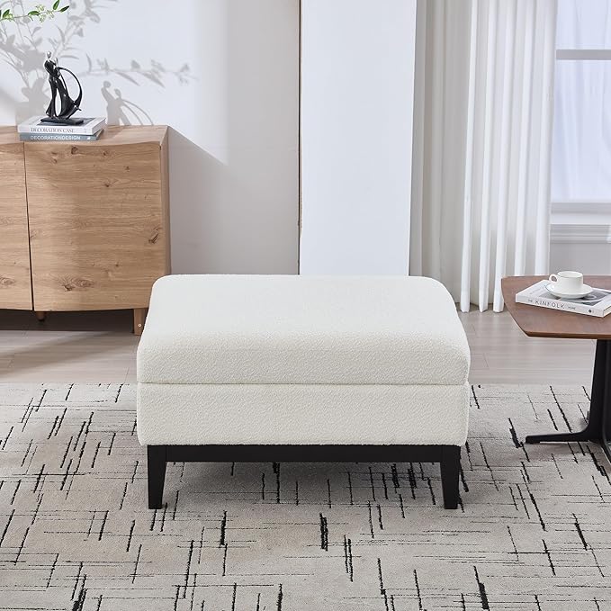Wood Base Accent Arm Chair with Ottoman and Bolster PillowsStorage Footstool with Reversible Lid Coffee Table for Living Room Office (33.86W Ivory Foot Stool+Black Base)