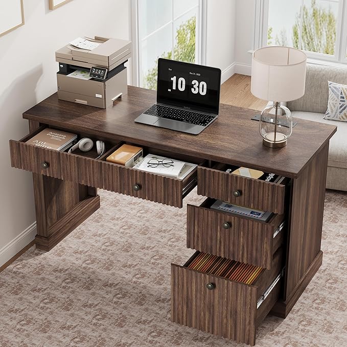 Garvee Fluted Home Office Desk Storage 54 in Modern Executive Desk with Charging Station Wooden Computer Writing Desk with File Cabinet &amp Drawers for Study Room (Brown 54.0”L x 21.6 in D x 30.0