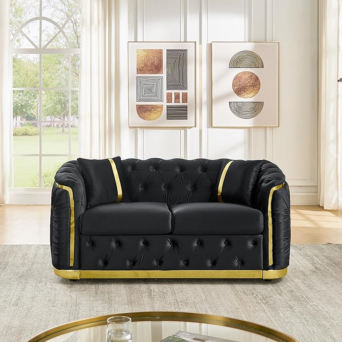 KEIKI 63 Luxury Oversized Velvet Chesterfield Sofa with 2 Pillow &amp Gold Stainless Decoration Italian Modern Style 2-Seater Button Tufted Couch with Rolled Arms Easy Assembly for Living Room B