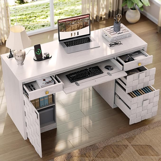 58 Executive Desk with Drawers Home Office Desk with Charging Station &amp Keyboard Tray Wood Office Desk with File Drawer &amp Storage Cabinet Modern Computer Writing Desk with Adjustable Shelf