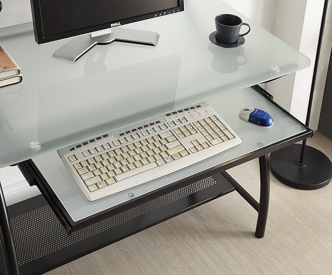 OSP Designs OSP Designs Newport Computer Desk with Frosted Tempered Glass Top Pullout Keyboard Tray and Black Powder Coated Steel Frame