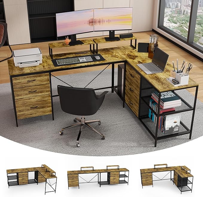 114 L-Shaped Desk with Power Hub 6 Drawers Removable Monitor Stand Industrial Gaming Desk Rustic Brown Home Office