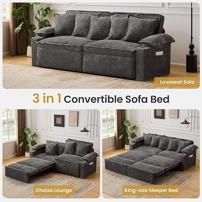 82.7’’ King Size Pull Out Sofa Bed 3 in 1 Convertible Sleeper Sofa Bed with Futon Sofa  Chenille Loveseat Couch Bed with USB and Storage Pockets for Living RoomBedroom Pet-Friendly (Dark Gray)