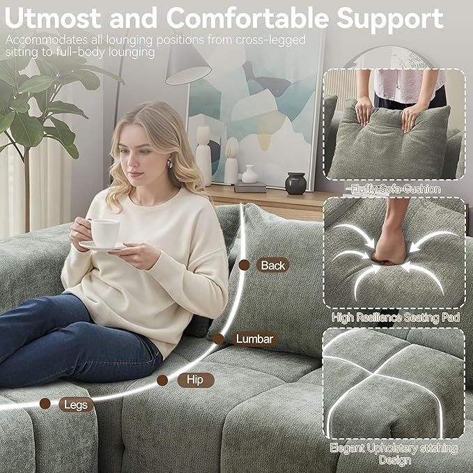 119 Oversized Cloud Boneless Couches for Living Room Modern Tufted Modular Sectional Sofa with Deep Seat &amp Movable Ottoman L Shaped Memory Foam Chenille Couch No Assembly Required Green
