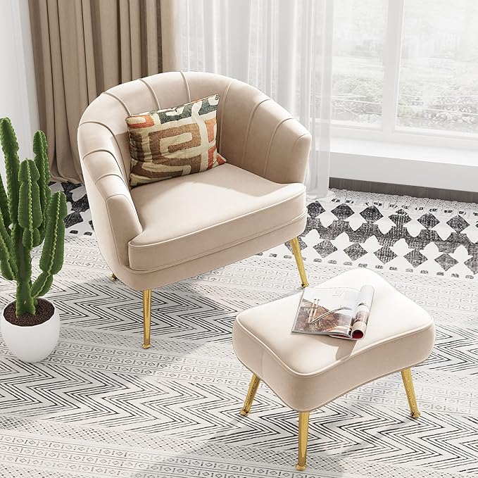 Velvet Accent Chairs with Ottoman for Living Room Bedroom Office Leisure Upholstered Single Sofa Chair Arm Chair Comfy Chair Reading Club Coffee Chair with Metal Legs Beige