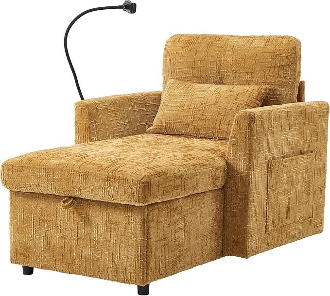 Oversized Multifunctional Recliner Chair with Phone Holder Chenille Ergonomic Lazy Boy Recliner Chair with Storage Backrest Swivel Rocking Chair for Living Room (Mustard Yellow)