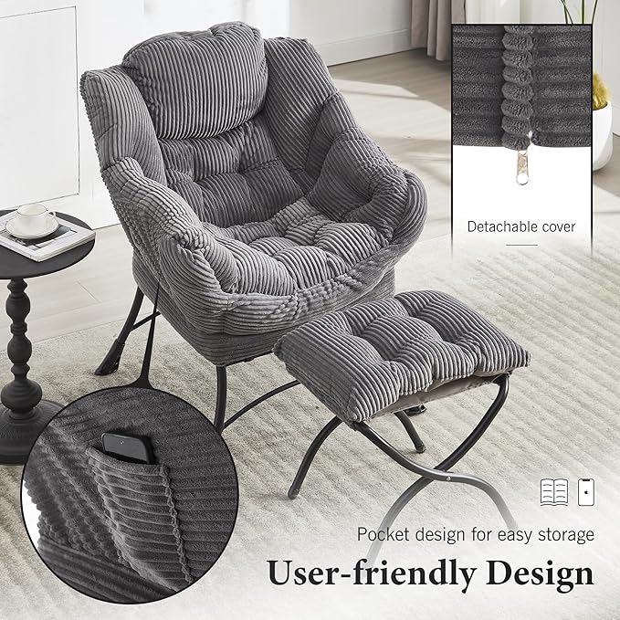 HOMEFUN Lazy Chair with Ottoman Bedroom Chairs for Adults Modern Lounge Accent Chair with Armrests Ergonomic Footrest for Small Spaces Comfy Reading Chair for Living Room Bedroom Office Grey