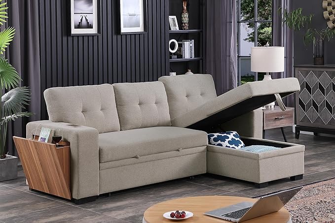 Ball &amp Cast Sectional Sleeper Sofa BedL-Shape Pull Out Couch4 in 1 Pull-Out Sofabed W/Reversible Storage ChaiseUSB Ports &amp Cup HolderConvertible Sleeper Corner Couch W/Pull Out Bedfor Liv