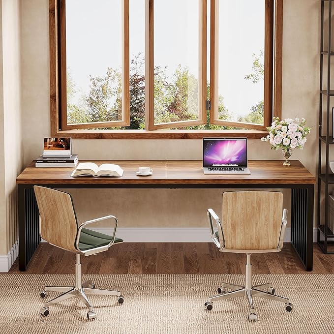 Tribesigns 2-Person Desk with Metal Frame 78.74 Double Desk for Two People Industrial Long Computer Writing Table for 2 People Home Office (Oak)