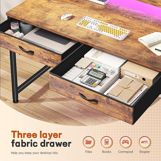 Gaming Desk with LED Lights &amp 2 Fabric Drawers 39.4Inch Home Office Computer Desk with Side Pocket &amp Ergonomic Monitor Stand Small Space Study Writing Table with Anti-Tip Design Rustic Brow