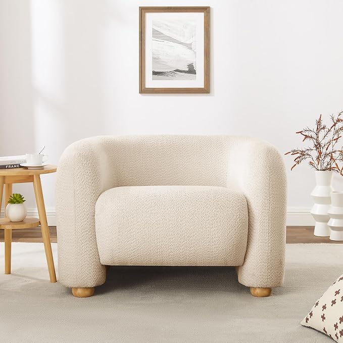 40.25 W Modern Living Room Accent Chairs Oversized Barrel Chairs with Deep Seat Comfy Boucle Armchair Sherpa Reading Chair for Bedroom Apartment Guest Room Beige