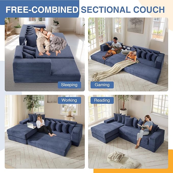 110'' Oversize Cloud Sectional Couches for Living Room Convertible Sleeper Sofa Bed Big Comfy Couch with 2 Side Pockets &amp 8 Pillows Corduroy Free-Combined (Blue 110 -Left Facing Chaise)