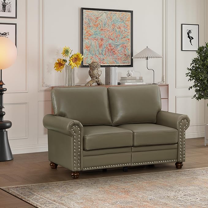Harper &amp Bright Designs Loveseat Sofa Two Seat Couch with Storage Space Wood Legs Nails Decoration Faux Leather 2-Person Sofa for Living RoomBedroomSmall Space (Grey)