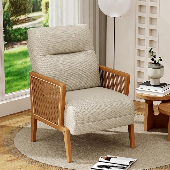 Yongchuang Accent Chair with Natural Rattan Armrest Upholstered Living Room Chairs Modern Linen Leisure Chair Armchair for Club Reading Bedroom Ivory