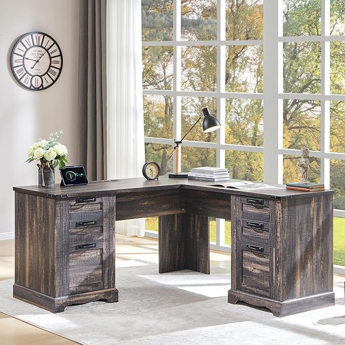 RedLemon 60 Farmhouse L Shaped Executive Desk with Drawers Wood Home Office Corner Desk with Charging Station File Drawer Storage Cabinet Rustic Computer Writing Desk (Dark Rustic Oak)