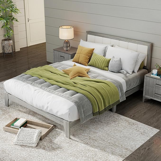 HOMCOM Queen Size Bed Frame with Upholstered Headboard Platform Bed Frame with Wooden Slats No Box Spring Needed Easy Assembly Gray