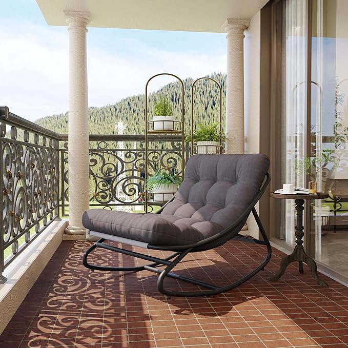 Indoor and Outdoor Rocking Chair with Thick Cushion Outdoor Deck Egg Rocker with Metal Frame Adjustable Rocking Range and Fixed Rope Waterproof Cushion Bedroom Living Room Porch Garden Lawn
