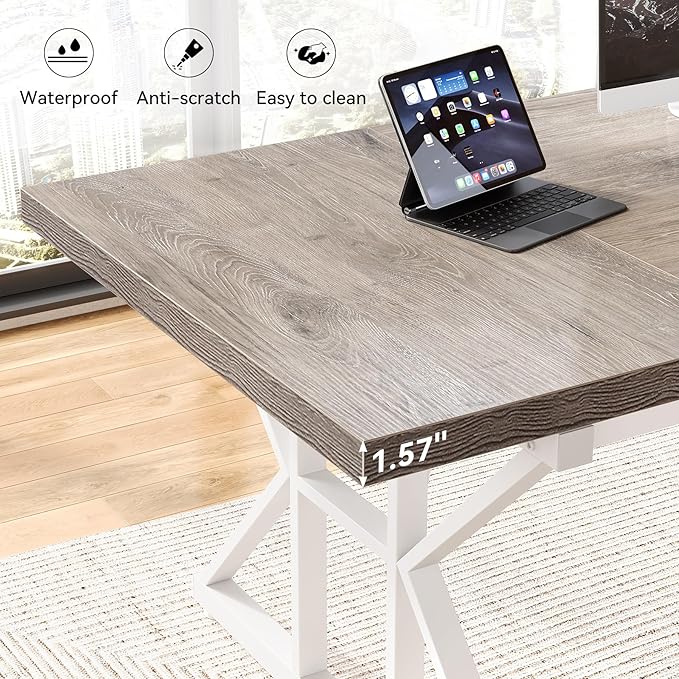 LITTLE TREE 70.8-Inch Large Executive Desk Modern Computer Office Desk Wooden Writing Desk Study Table for Home Office Grey-White