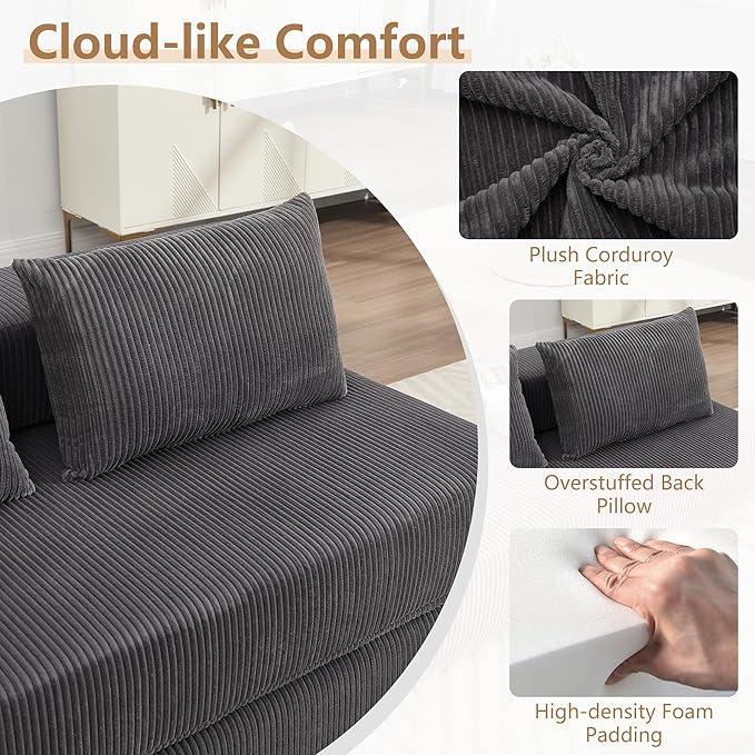 KIVENJAJA Folding Sofa Bed Full Size 3-in-1 Convertible Sleeper Sofa Corduroy Foldable Boneless Floor Futon Couch with Backrest &amp Pillows for Home Living Room Office Apartment Small Spaces Grey