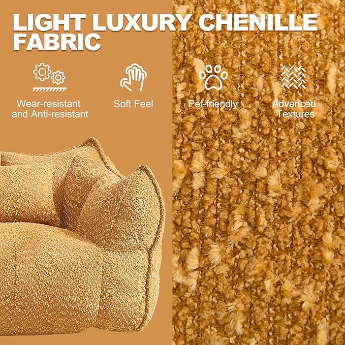 47.2 Inch Oversized 2 Piece Single Sofa Set Comfy Beanbag Chairs with Scratch-Resistant Pet-Friendly Chenille Modern Couch with Arms No Assembly Required Yellow