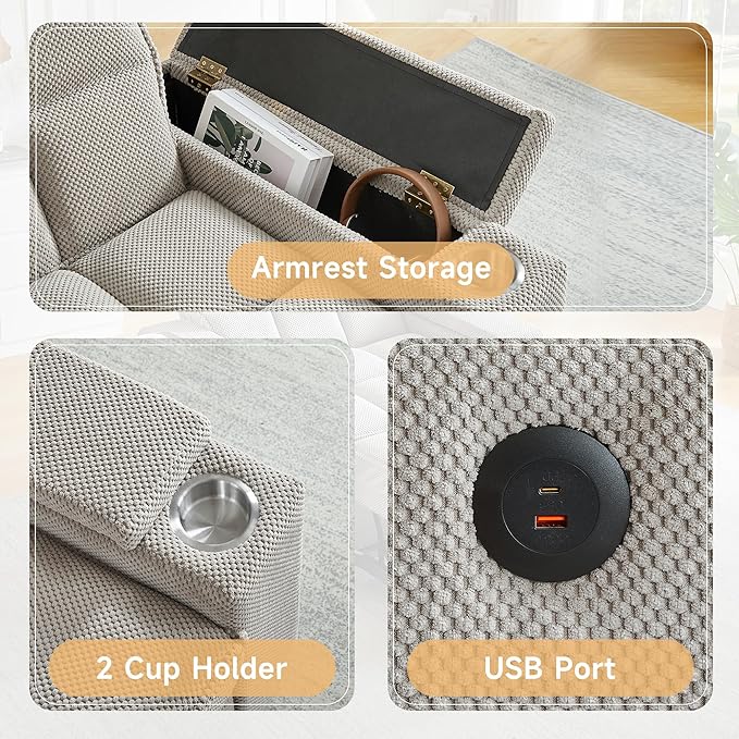 Large Size Convertible Sleeper Chair Futon Sofa Bed Comfortable Thick Cushion Single Sleeper Sofa Handheld Storage and Adjustable Backrest | Reading Chair with Rotating Small Table (Khaki)