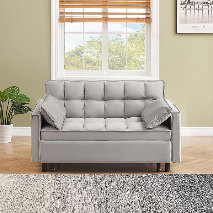 55 Sleeper Loveseat3 in 1 Sofa BedPull Out Couch Bed with 2 Pillows and Side PocketsVelvet Convertible Bed for Small Spaces Living Room (Gray)