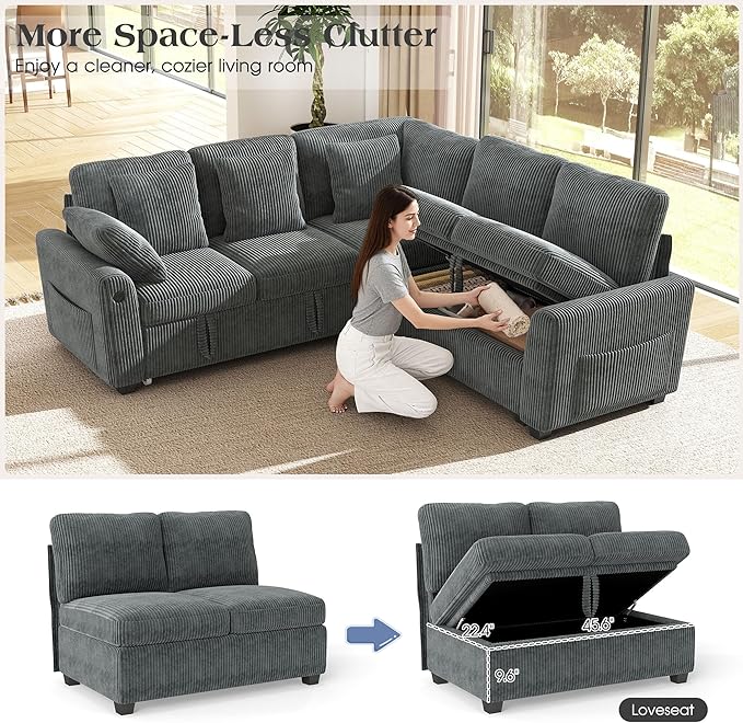 Ihanherry 83-inch 5-Seater Large Sectional Sofa Bed with Storage Corduroy Reversible Modular Sleeper Sofa with USB Port &amp 4 Pillows Convertible L-Shaped Couch for Living Room（Gray）