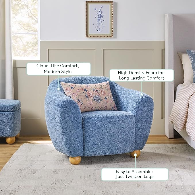Walker Edison Linley Contemporary Boucle Accent Chair with Wood Legs Soft Blue