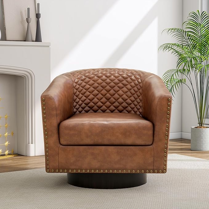 Pia Ricco Faux Leather Swivel Barrel Accent Chairs 360° Swivel Round Single Sofa Chair Comfy Upholstered Club Armchair with Nailhead Trim for Living Room/Reading Room/Bedroom Brown