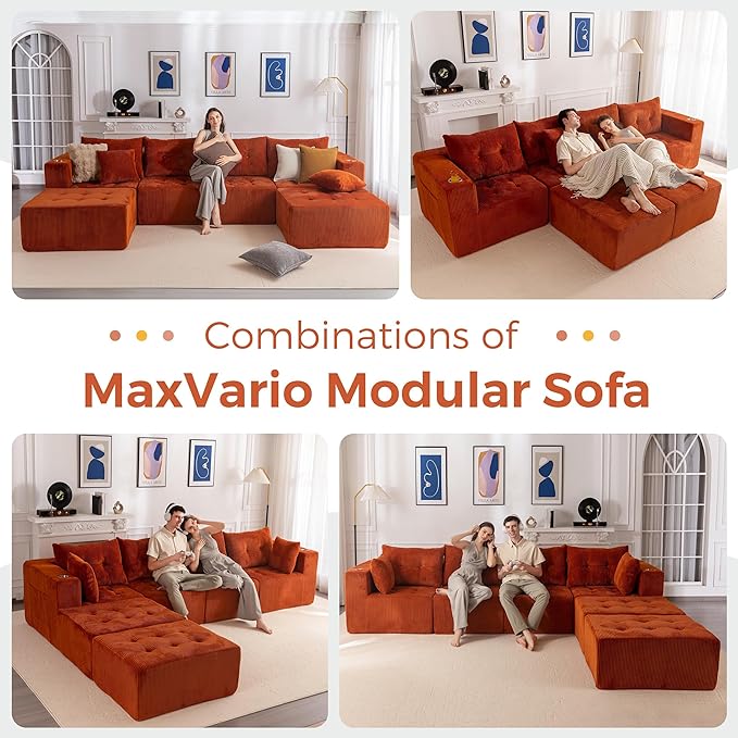 MAXYOYO 129.5 Modular Sectional Sofa Couch U Shaped Modern Cloud Couch with 2 Ottomans Sofa in A Box Tufted 6-Seat Boneless Sleeper Chair for Living Room No Assembly Required Orange