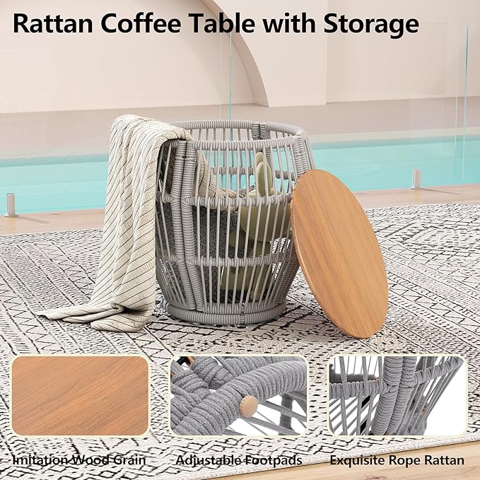 Modern Living Room Chairs Accent Chairs Set of 2 with Coffee Table Comfy Arm Chair with Cushions/Headrest Reading Lounge Chair Rattan Recliner Seating Braid Armchair for Bedroom Grey