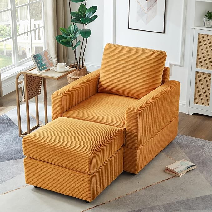 GDFStudio 32 Single Seat Sofa Couch Corduroy Comfy Deep Seat Sofa Sleeper Sofa Bed Chaise Couch Chair with Ottoman Removable Footrest Oversized Armchair for Living Room Orange