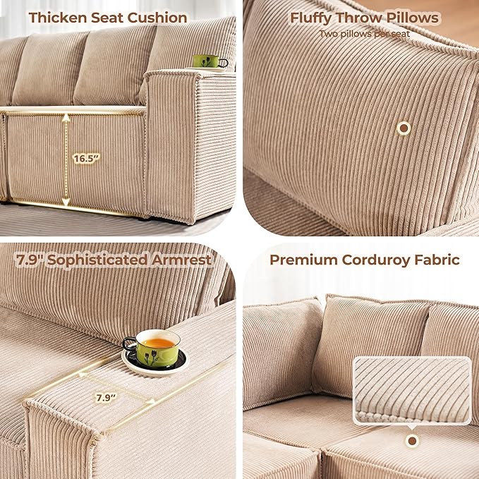 Luxuly Modular Sectional Corduroy Sofa Set L Shaped Couch Reversible Chaise Modular Sectional Couch Mix and Match Pieces Aemless Sofa Camel