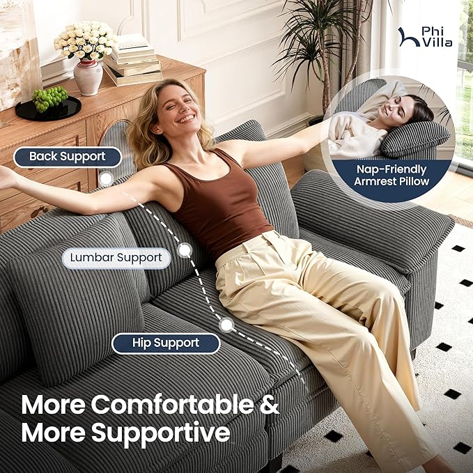 PHI VILLA Indoor Lounge Sofa Chair One-Person Oversized Sectional Sofa with Ottoman Single Chaise with Upholstered Deep Seat for Bedroom Reading Corduroy Fabric Grey