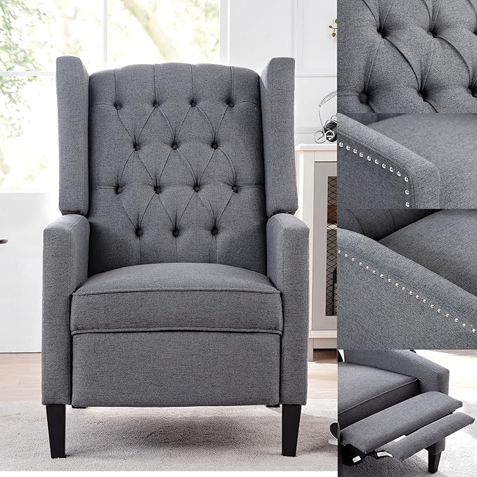 Pushback ReclinerComfortable Wingback Recliner Sofa Chair with Adjustable Backrest Tufted Fabric Upholstered ArmchairRetro Rivets Decorated Recliner for Living Room Bedroom Office Home (Grey)