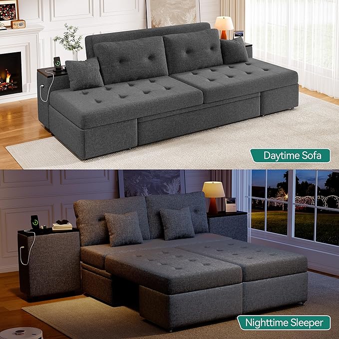DWVO Queen Size Sofa Bed 5-in-1 Multi-functional Convertible Sleeper Sofa with 2 Storage Cabinet Nightstand &amp USB Ports 100 Sectional Sofa Couch with 2 Comfy Pillows for Living Room Apartment