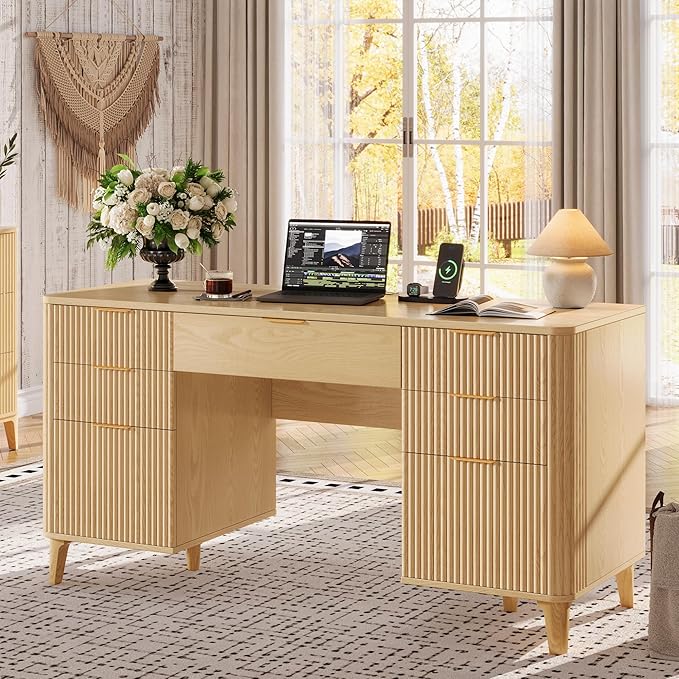55.1 Fluted Executive Desk with Drawers Wood Computer Desk with Storage Cabinet Home Office Desk with Charging Station Farmhouse Desk with File Cabinet for Office Home