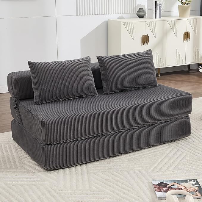 Folding Sofa Bed Full Size Modern Corduroy Floor Boneless Loveseat Couch Bed with 2 Pillows Comfy 3 in 1 Convertible Sleeper Sofa for Living Room Apartment Dorm Small Space Grey