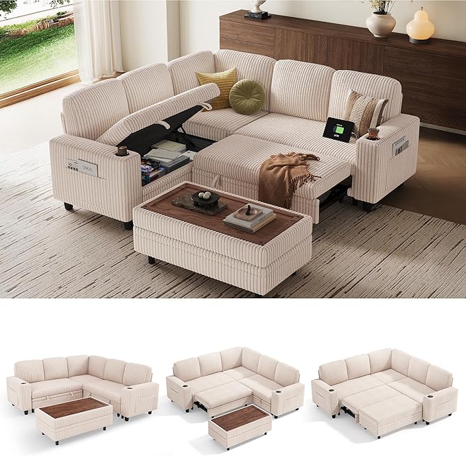 LINSY HOME Sectional Sleeper Sofa with Pull Out Couch Bed for Living Room (Beige) | Plush Corduroy Storage Ottoman Storage Chaise Pull Out Couch USB Charging