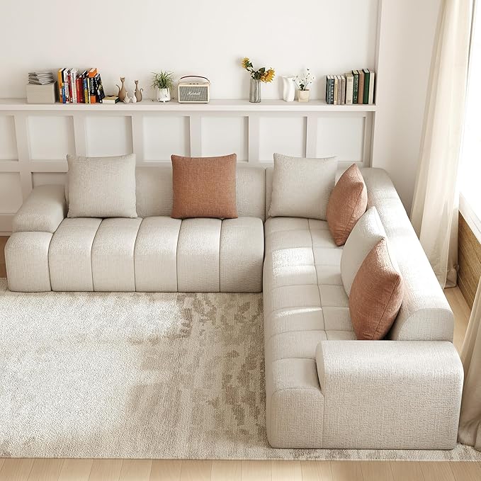 Cloud Modular Sectional Sofa Couch 108 V Shaped Chenille Fabric Memory Foam Sofa 5-Seater Couches with 6 Pillows for Living RoomApartmentBeige