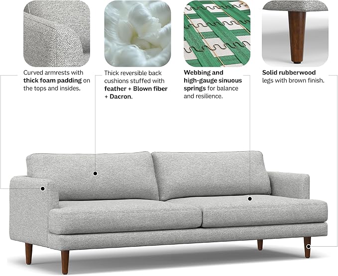 SIMPLIHOME Livingston 90-inch Wide Sofa in Mist Grey Woven-Blend Fabric Handcrafted Mid-Century Modern Oversized 3-Seater Couch Sofa for Living Room or Family Room Solid Wood Frame