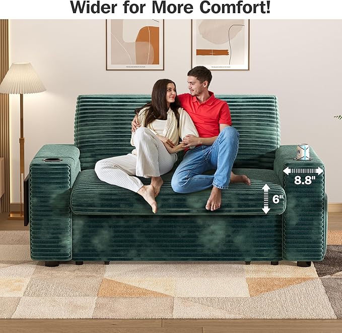 Vipbear 65 Loveseat Sleeper Sofa with Pull Out Bed Plush Corduroy 3-in-1 Convertible Sofa Bed with Reclining Backrest|USB Ports|Cup Holders|Side Table|Storage Armrests Tool Free Assembly Green